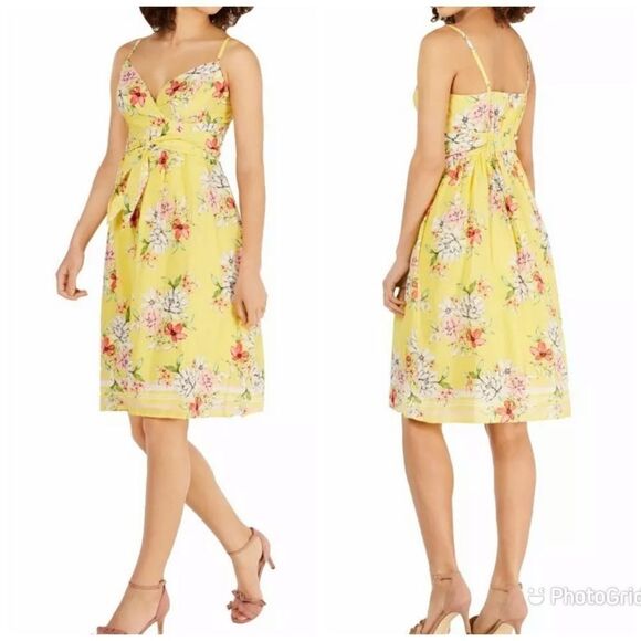 VINCE CAMUTO Yellow Floral Print Midi‎ Dress Sundress Summer Cotton Size 6 New - Picture 1 of 14